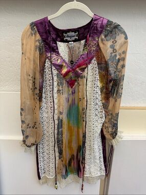 Meghan LA Multicolor Sheer Boho Mini Dress with Purple Trim